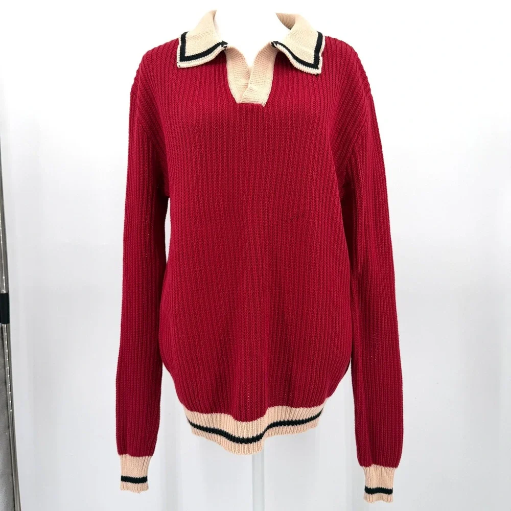 OXKNIT 100% Cotton Long Sleeve Polo Sweater Mod Style Retro Red Medium